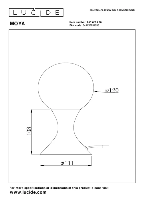 Lucide MOYA - Lampe de table - Ø 12 cm - 1xG9 - Noir - technique